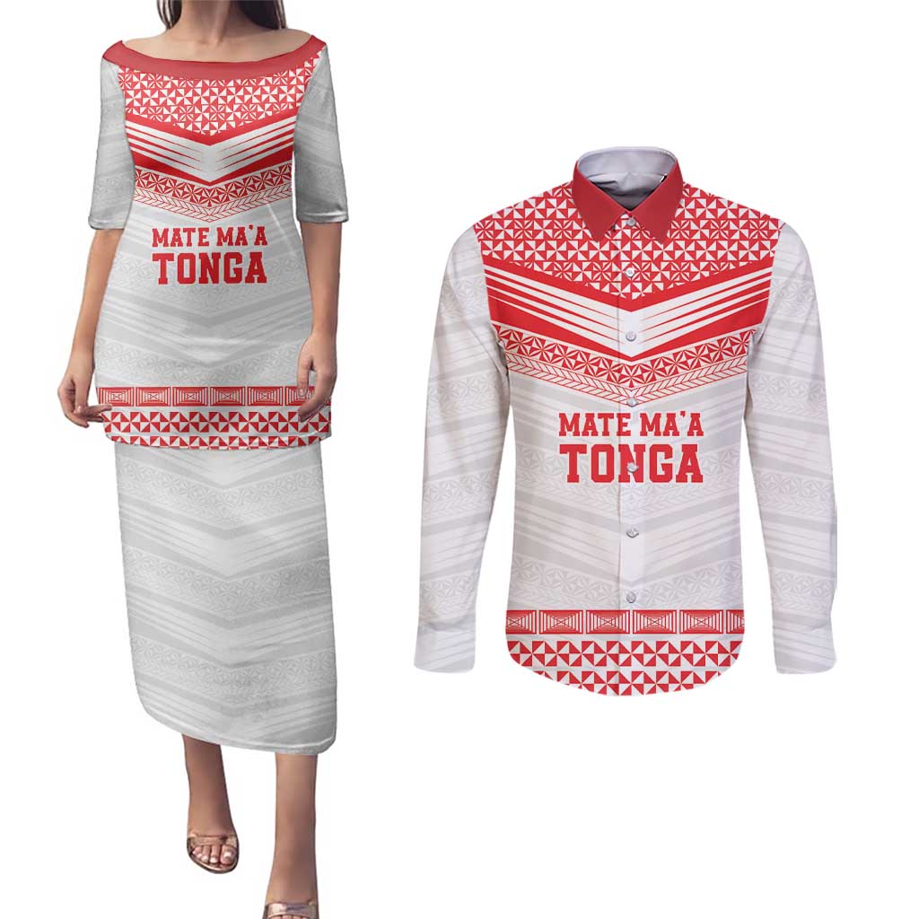 Custom Mate Ma'a Tonga Heritage Couples Matching Puletasi and Long Sleeve Button Shirt Pacific Tribal Rugby White Edition LT9 White - Polynesian Pride