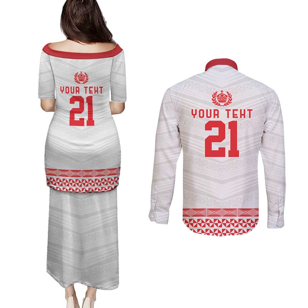 Custom Mate Ma'a Tonga Heritage Couples Matching Puletasi and Long Sleeve Button Shirt Pacific Tribal Rugby White Edition LT9 - Polynesian Pride