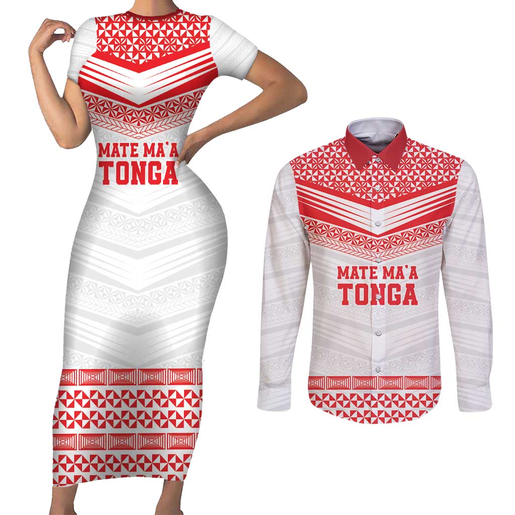 Custom Mate Ma'a Tonga Heritage Couples Matching Short Sleeve Bodycon Dress and Long Sleeve Button Shirt Pacific Tribal Rugby White Edition LT9 White - Polynesian Pride