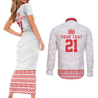 Custom Mate Ma'a Tonga Heritage Couples Matching Short Sleeve Bodycon Dress and Long Sleeve Button Shirt Pacific Tribal Rugby White Edition LT9 - Polynesian Pride
