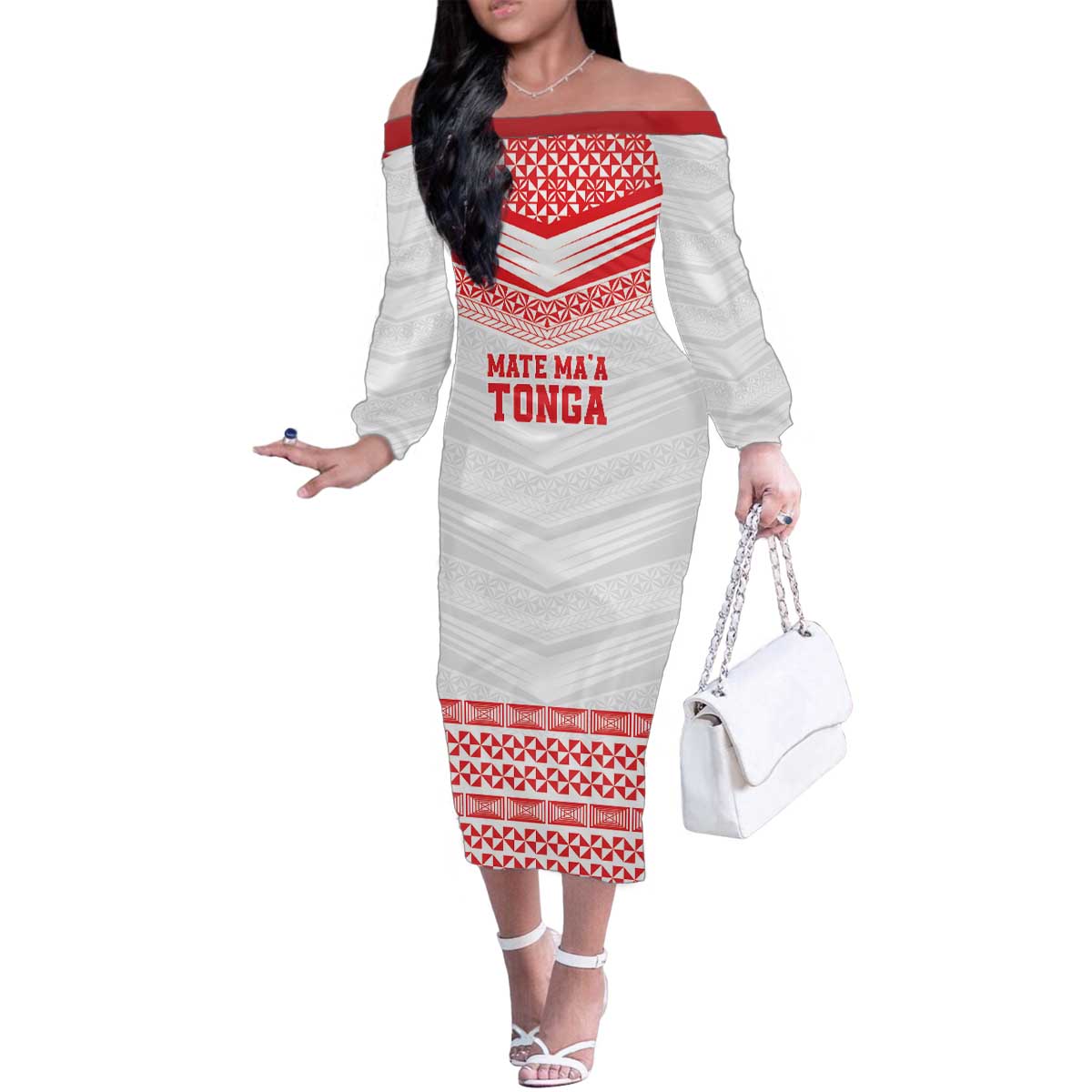 Custom Mate Ma'a Tonga Heritage Family Matching Off The Shoulder Long Sleeve Dress and Hawaiian Shirt Pacific Tribal Rugby White Edition - Polynesian Pride