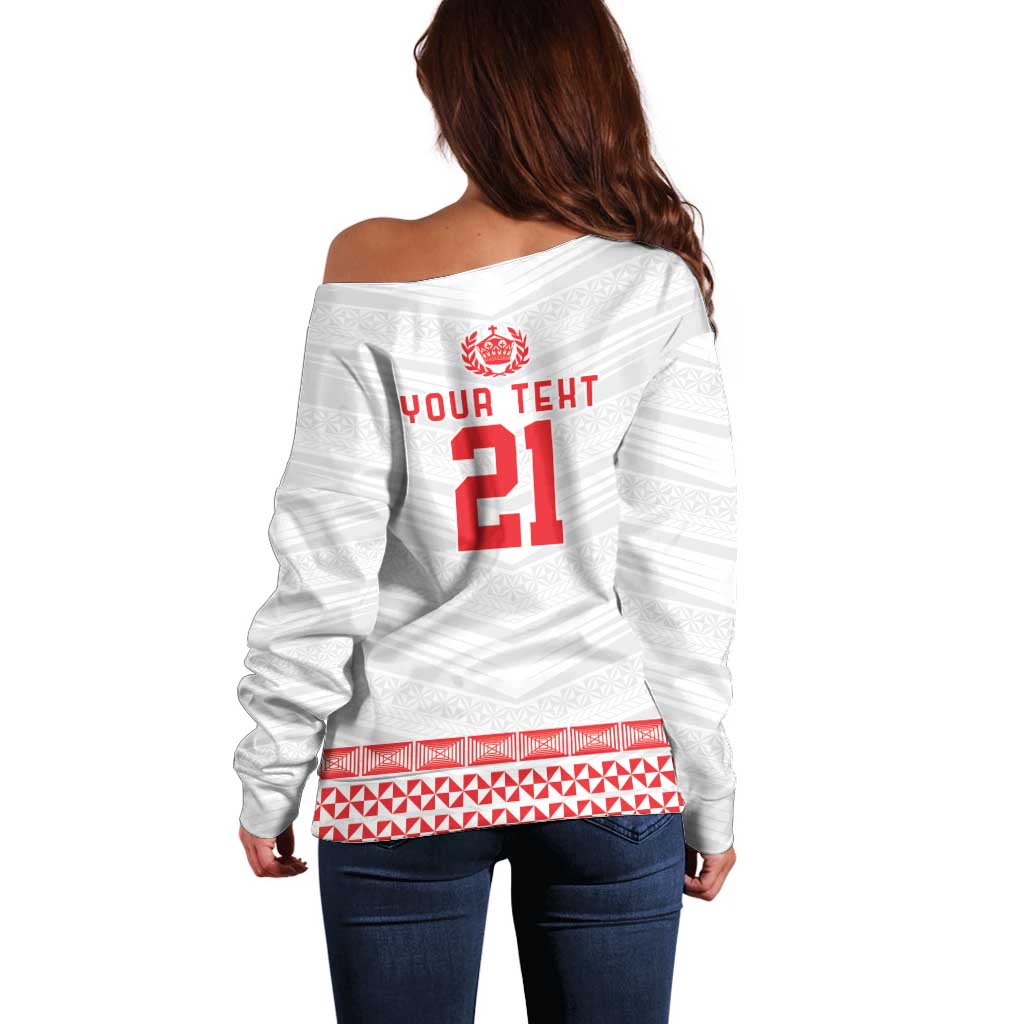 Custom Mate Ma'a Tonga Heritage Off Shoulder Sweater Pacific Tribal Rugby White Edition - Polynesian Pride