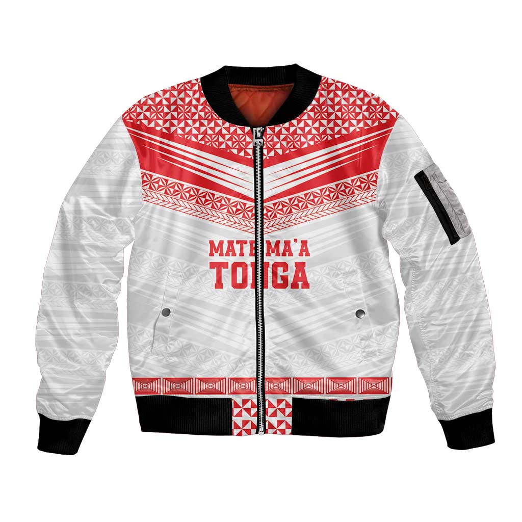 Custom Mate Ma'a Tonga Heritage Sleeve Zip Bomber Jacket Pacific Tribal Rugby White Edition - Polynesian Pride