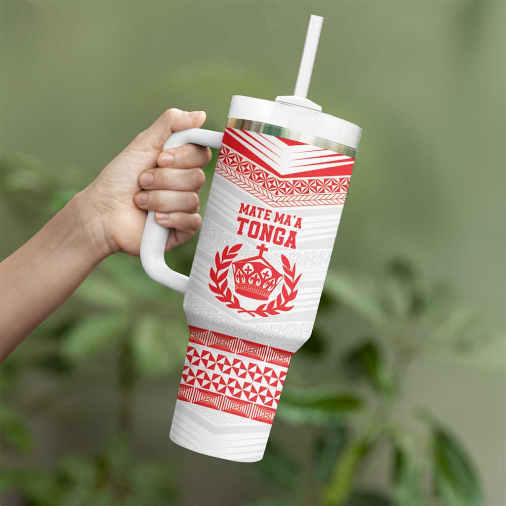 Custom Mate Ma'a Tonga Heritage Tumbler With Handle Pacific Tribal Rugby White Edition - Polynesian Pride