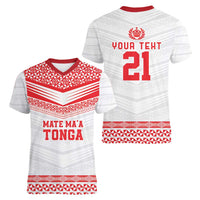 Custom Mate Ma'a Tonga Heritage Women V-Neck T-Shirt Pacific Tribal Rugby White Edition - Polynesian Pride