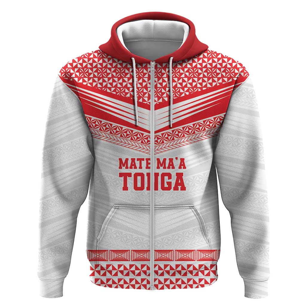 Custom Mate Ma'a Tonga Heritage Zip Hoodie Pacific Tribal Rugby White Edition - Polynesian Pride