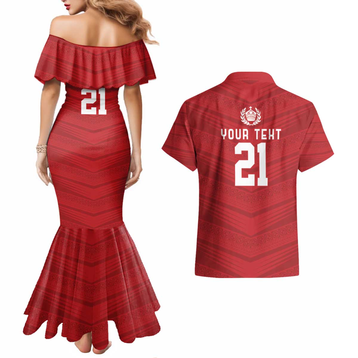 Custom Pacific Rugby Spirit Couples Matching Mermaid Dress and Hawaiian Shirt Tonga Ngatu Pride Red Edition - Polynesian Pride