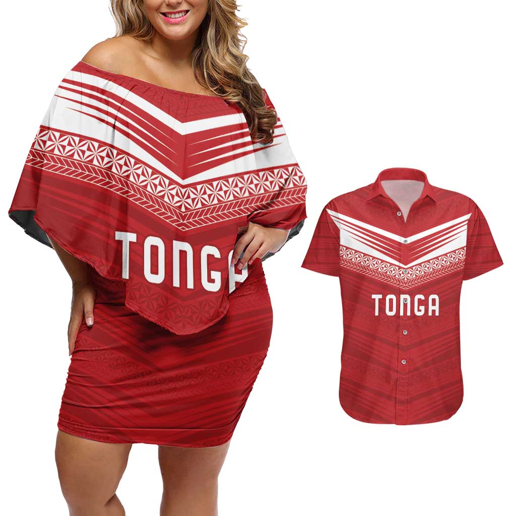 Custom Pacific Rugby Spirit Couples Matching Off Shoulder Short Dress and Hawaiian Shirt Tonga Ngatu Pride Red Edition - Polynesian Pride