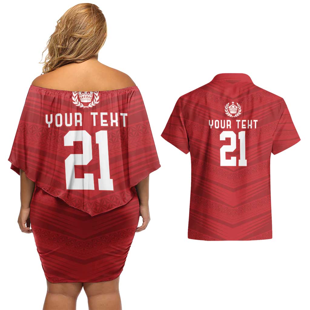 Custom Pacific Rugby Spirit Couples Matching Off Shoulder Short Dress and Hawaiian Shirt Tonga Ngatu Pride Red Edition - Polynesian Pride