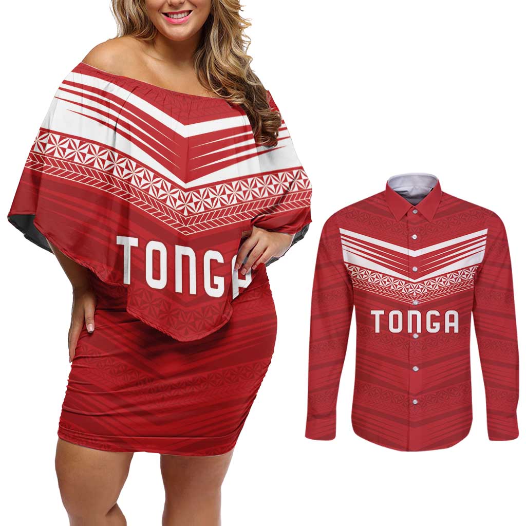 Custom Pacific Rugby Spirit Couples Matching Off Shoulder Short Dress and Long Sleeve Button Shirt Tonga Ngatu Pride Red Edition - Polynesian Pride