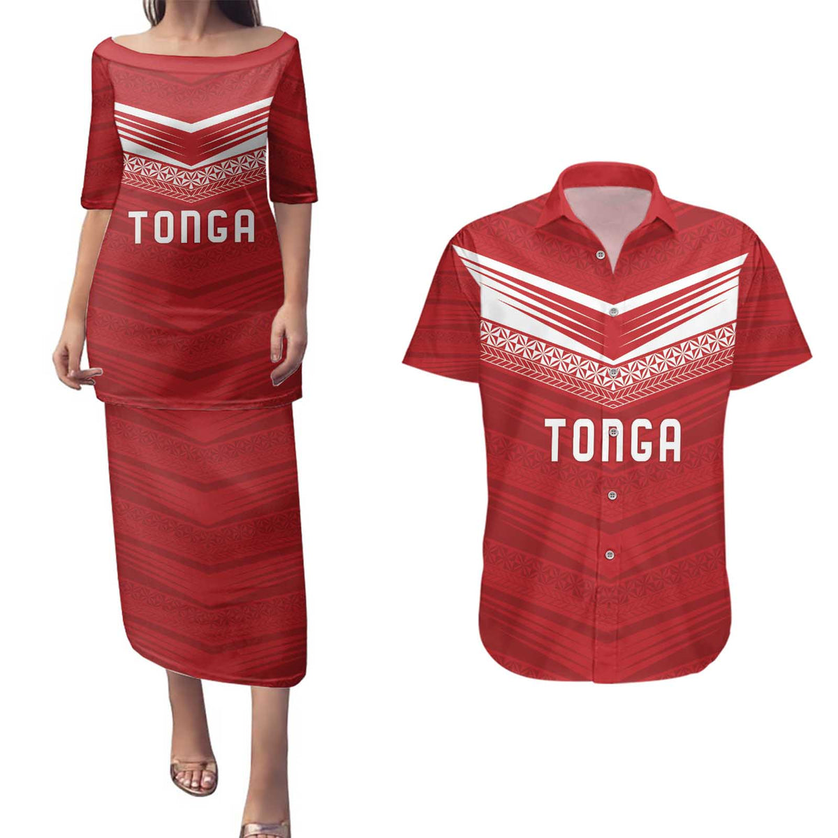Custom Pacific Rugby Spirit Couples Matching Puletasi and Hawaiian Shirt Tonga Ngatu Pride Red Edition - Polynesian Pride