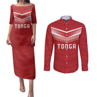 Custom Pacific Rugby Spirit Couples Matching Puletasi and Long Sleeve Button Shirt Tonga Ngatu Pride Red Edition - Polynesian Pride
