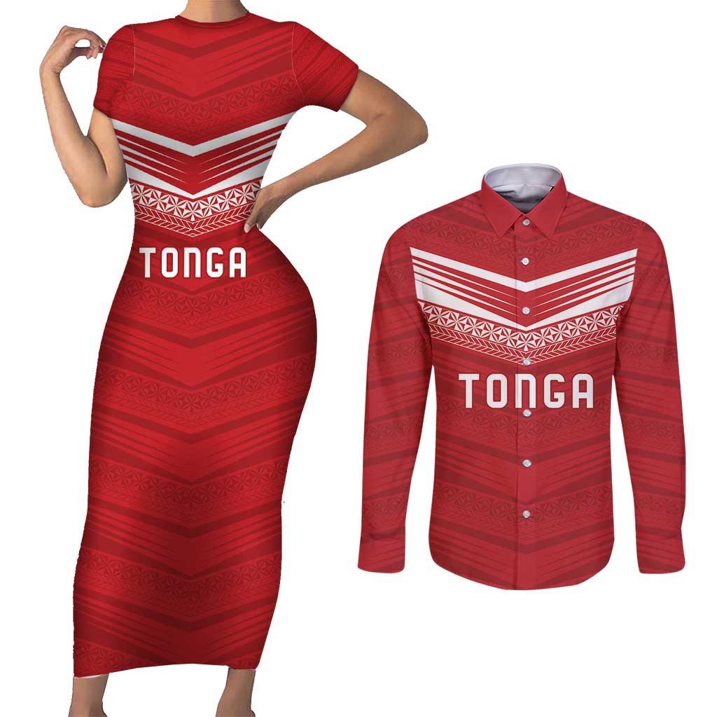 Custom Pacific Rugby Spirit Couples Matching Short Sleeve Bodycon Dress and Long Sleeve Button Shirt Tonga Ngatu Pride Red Edition - Polynesian Pride