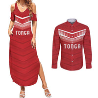 Custom Pacific Rugby Spirit Couples Matching Summer Maxi Dress and Long Sleeve Button Shirt Tonga Ngatu Pride Red Edition - Polynesian Pride