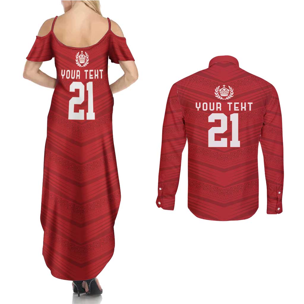 Custom Pacific Rugby Spirit Couples Matching Summer Maxi Dress and Long Sleeve Button Shirt Tonga Ngatu Pride Red Edition - Polynesian Pride