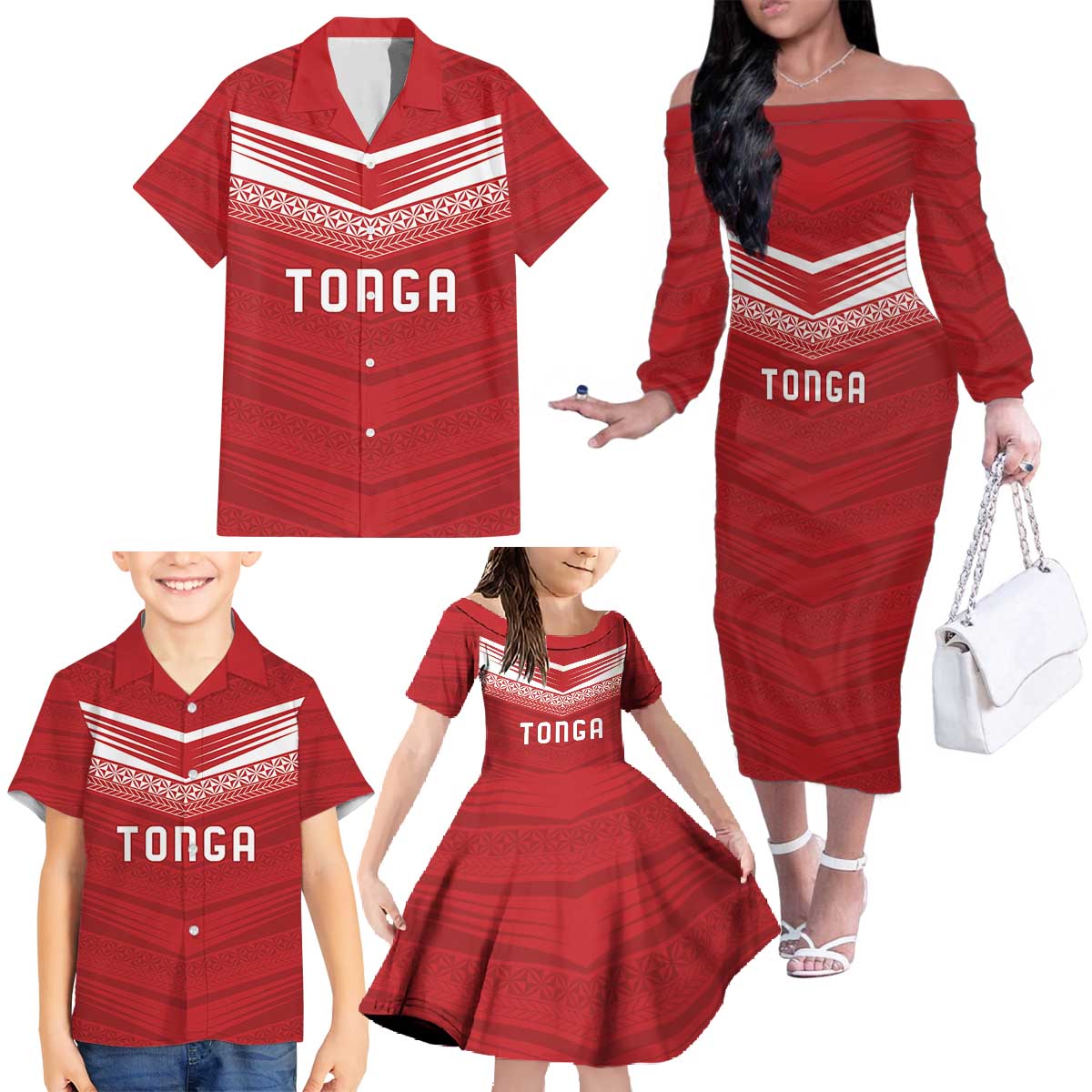 Custom Pacific Rugby Spirit Family Matching Off The Shoulder Long Sleeve Dress and Hawaiian Shirt Tonga Ngatu Pride Red Edition - Polynesian Pride