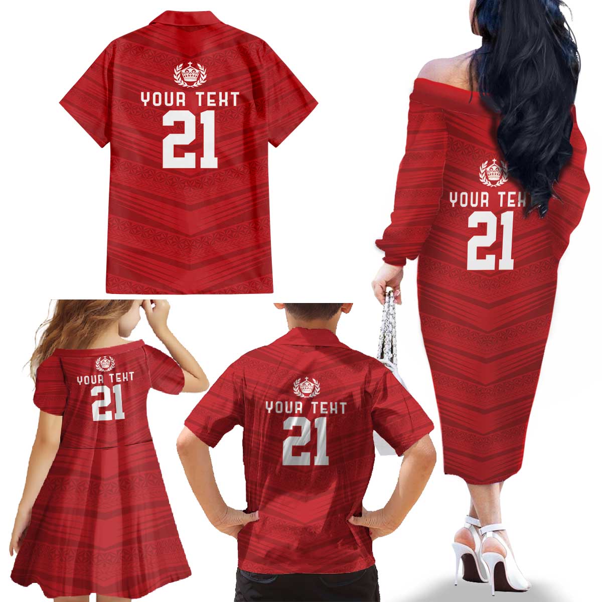 Custom Pacific Rugby Spirit Family Matching Off The Shoulder Long Sleeve Dress and Hawaiian Shirt Tonga Ngatu Pride Red Edition - Polynesian Pride