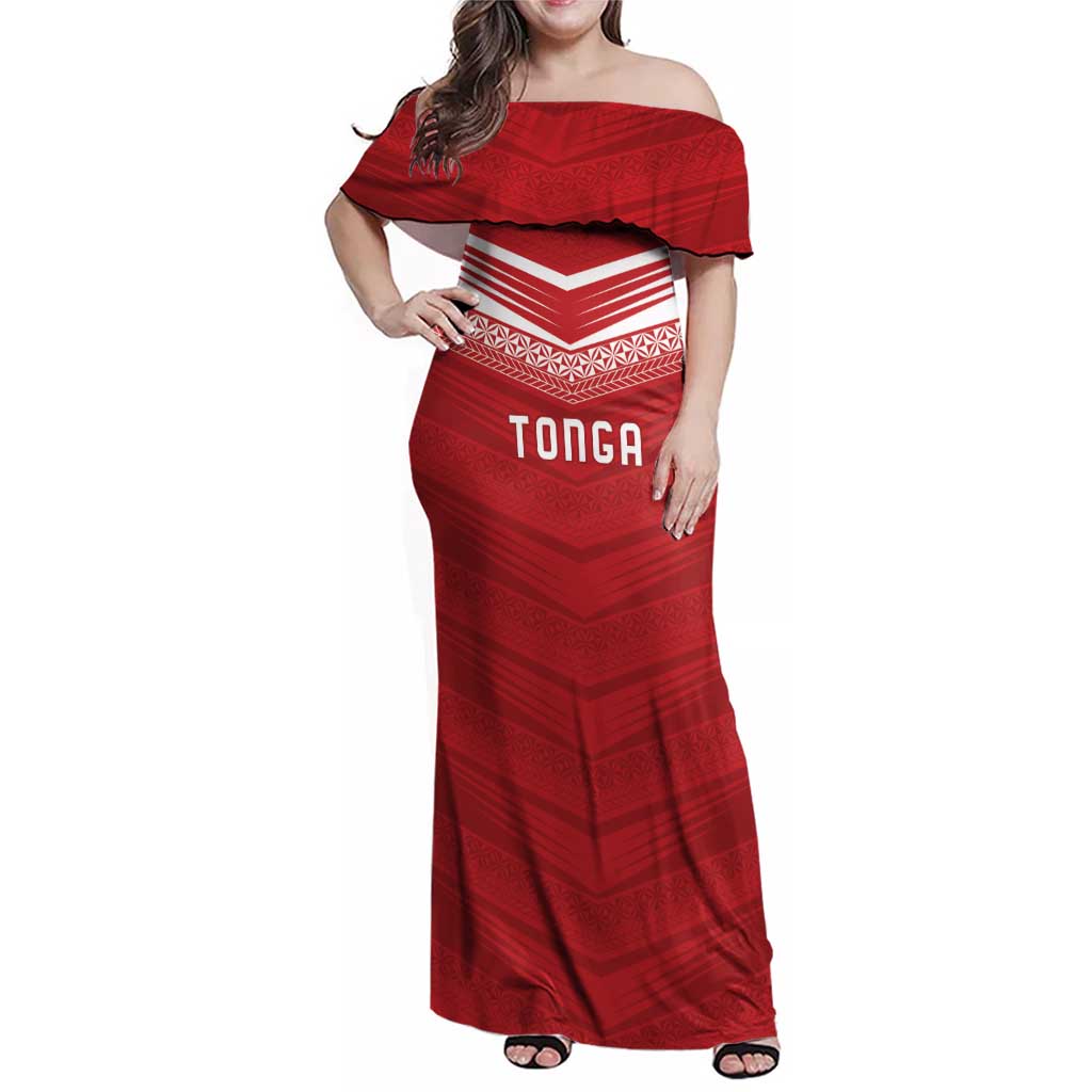Custom Pacific Rugby Spirit Family Matching Off Shoulder Maxi Dress and Hawaiian Shirt Tonga Ngatu Pride Red Edition - Polynesian Pride