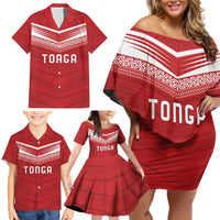 Custom Pacific Rugby Spirit Family Matching Off Shoulder Short Dress and Hawaiian Shirt Tonga Ngatu Pride Red Edition - Polynesian Pride