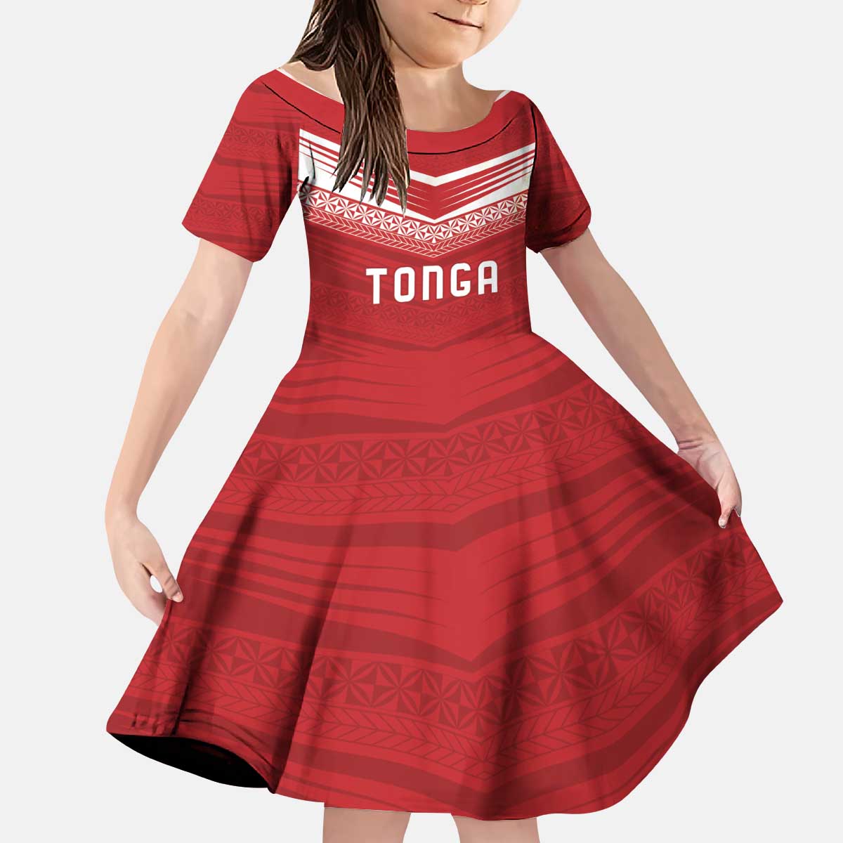 Custom Pacific Rugby Spirit Kid Short Sleeve Dress Tonga Ngatu Pride Red Edition - Polynesian Pride