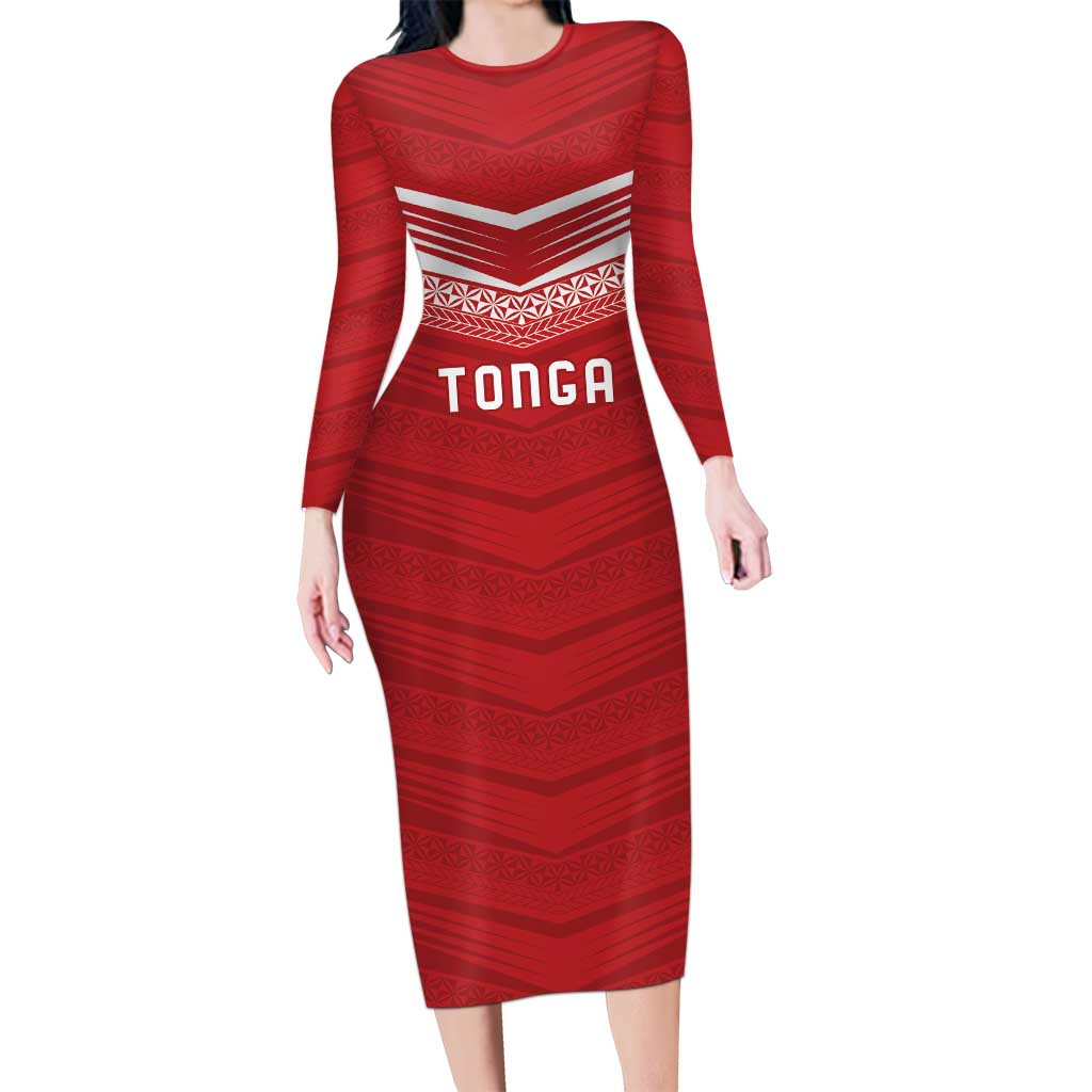 Custom Pacific Rugby Spirit Long Sleeve Bodycon Dress Tonga Ngatu Pride Red Edition - Polynesian Pride