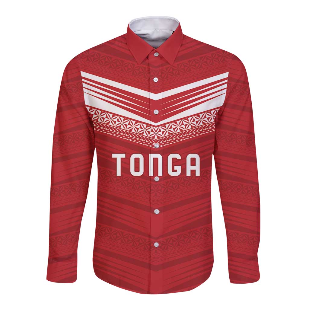 Custom Pacific Rugby Spirit Long Sleeve Button Shirt Tonga Ngatu Pride Red Edition - Polynesian Pride