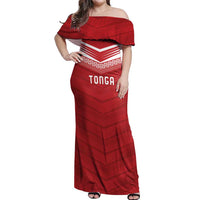 Custom Pacific Rugby Spirit Off Shoulder Maxi Dress Tonga Ngatu Pride Red Edition - Polynesian Pride