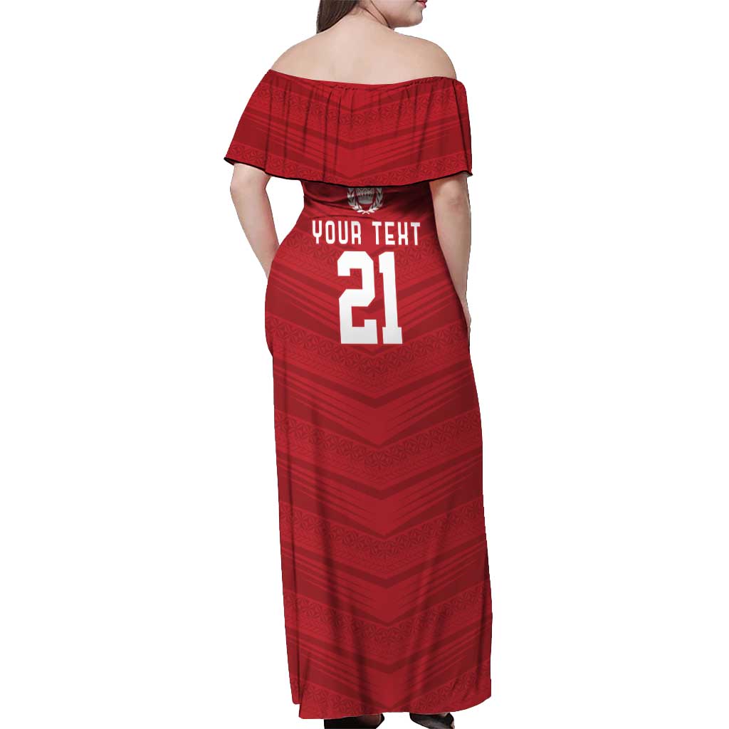 Custom Pacific Rugby Spirit Off Shoulder Maxi Dress Tonga Ngatu Pride Red Edition - Polynesian Pride