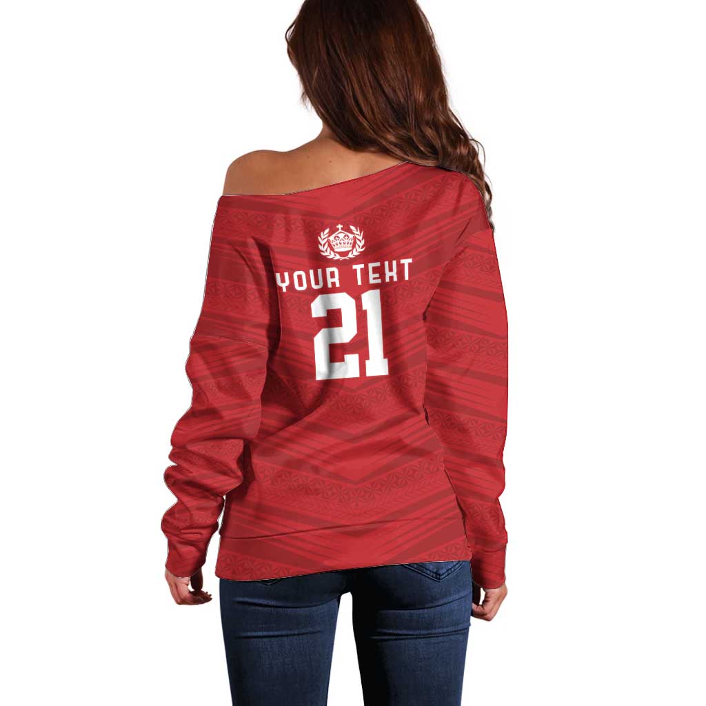 Custom Pacific Rugby Spirit Off Shoulder Sweater Tonga Ngatu Pride Red Edition - Polynesian Pride
