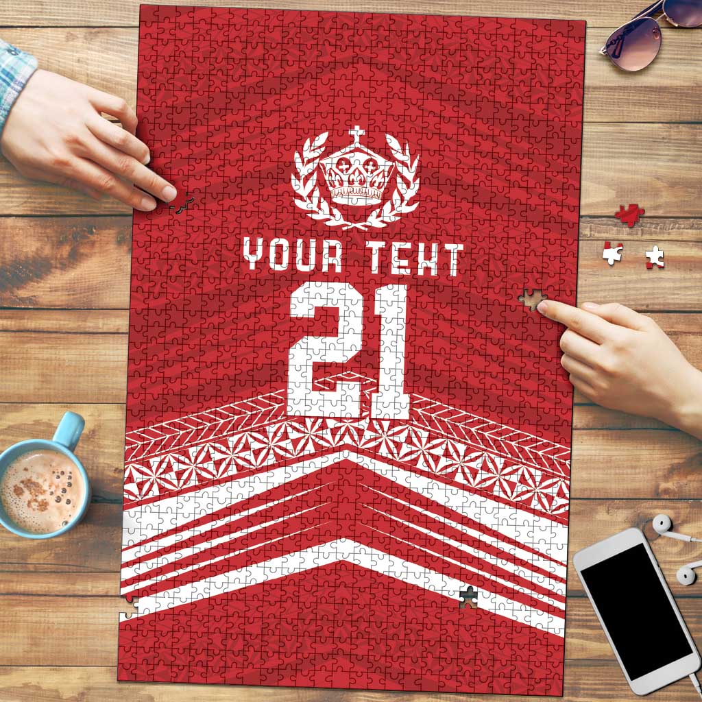 Custom Pacific Rugby Spirit Puzzle Tonga Ngatu Pride Red Edition - Polynesian Pride