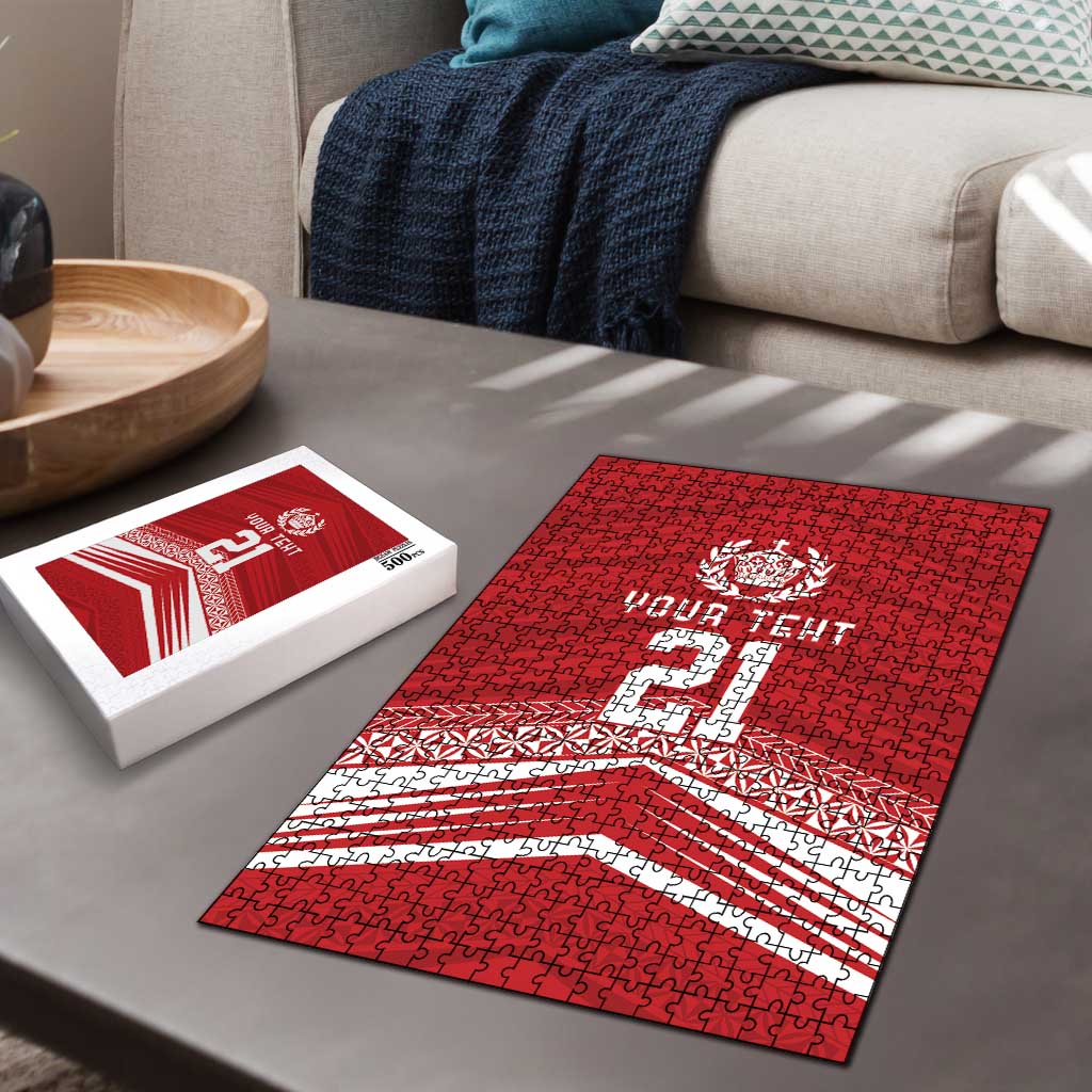 Custom Pacific Rugby Spirit Puzzle Tonga Ngatu Pride Red Edition - Polynesian Pride