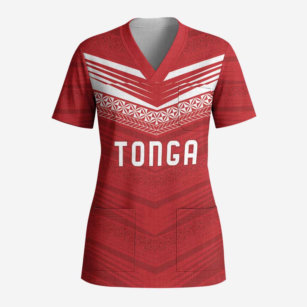 Custom Pacific Rugby Spirit Scrub Top Tonga Ngatu Pride Red Edition - Polynesian Pride