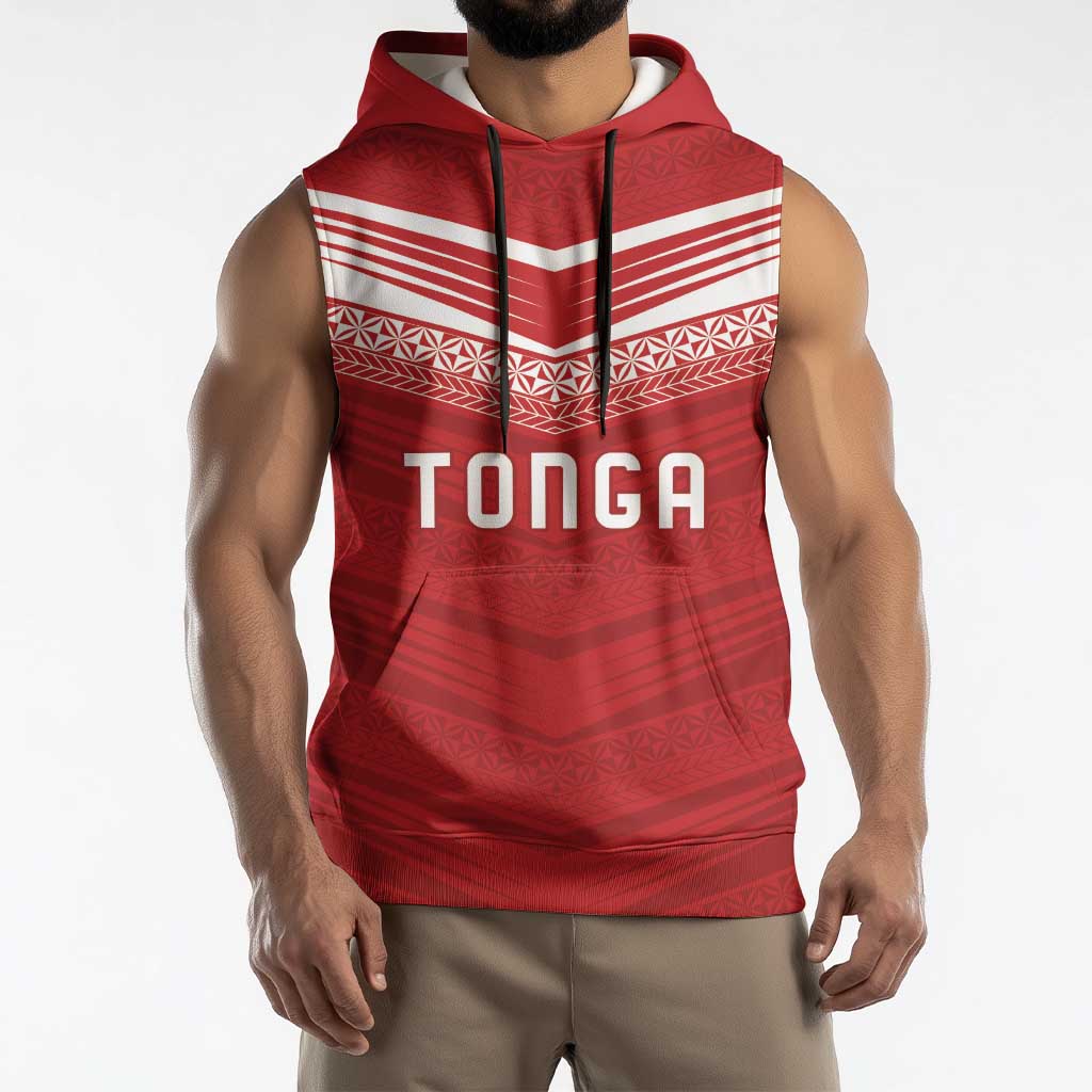 Custom Pacific Rugby Spirit Sleeveless Hoodie Tonga Ngatu Pride Red Edition - Polynesian Pride