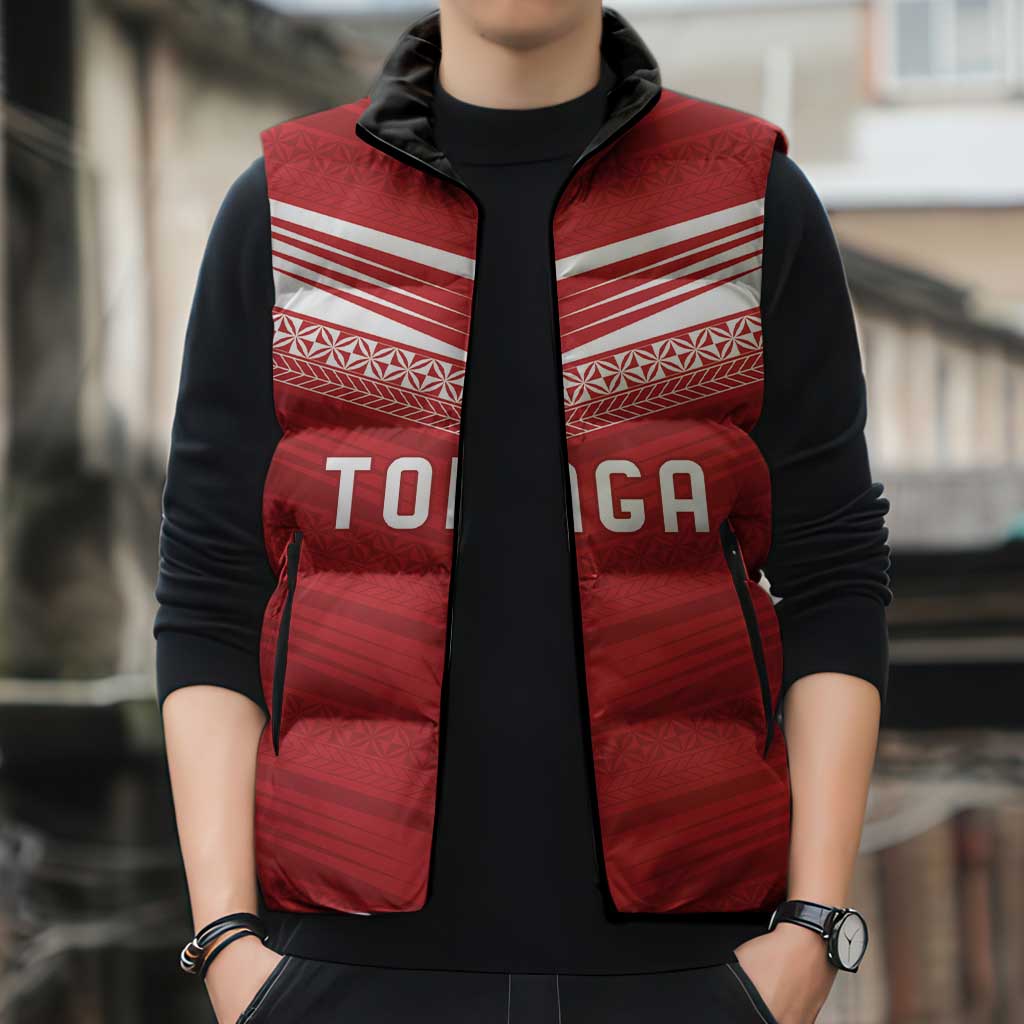 Custom Pacific Rugby Spirit Sleeveless Puffer Jacket Tonga Ngatu Pride Red Edition - Polynesian Pride