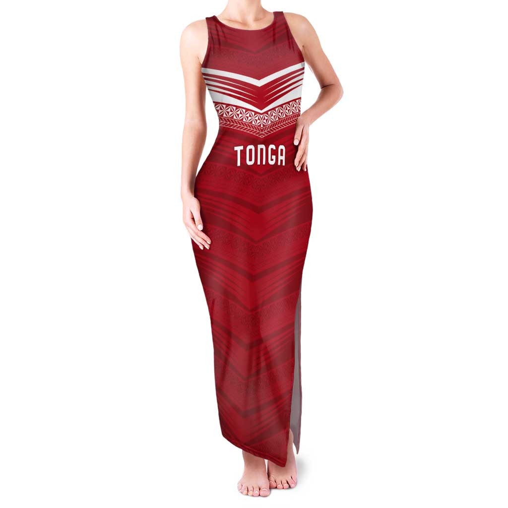 Custom Pacific Rugby Spirit Tank Maxi Dress Tonga Ngatu Pride Red Edition - Polynesian Pride