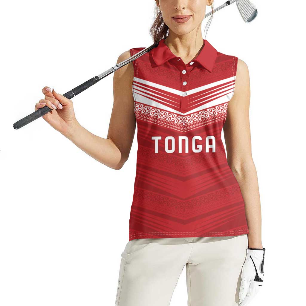 Custom Pacific Rugby Spirit Women Sleeveless Polo Shirt Tonga Ngatu Pride Red Edition - Polynesian Pride