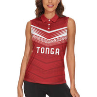 Custom Pacific Rugby Spirit Women Sleeveless Polo Shirt Tonga Ngatu Pride Red Edition - Polynesian Pride