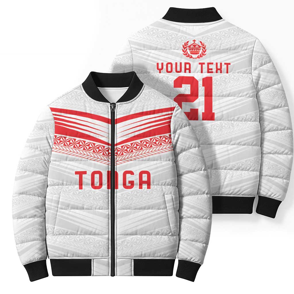 Custom Pacific Rugby Spirit Bomber Puffer Jacket Tonga Ngatu Pride White Edition - Polynesian Pride