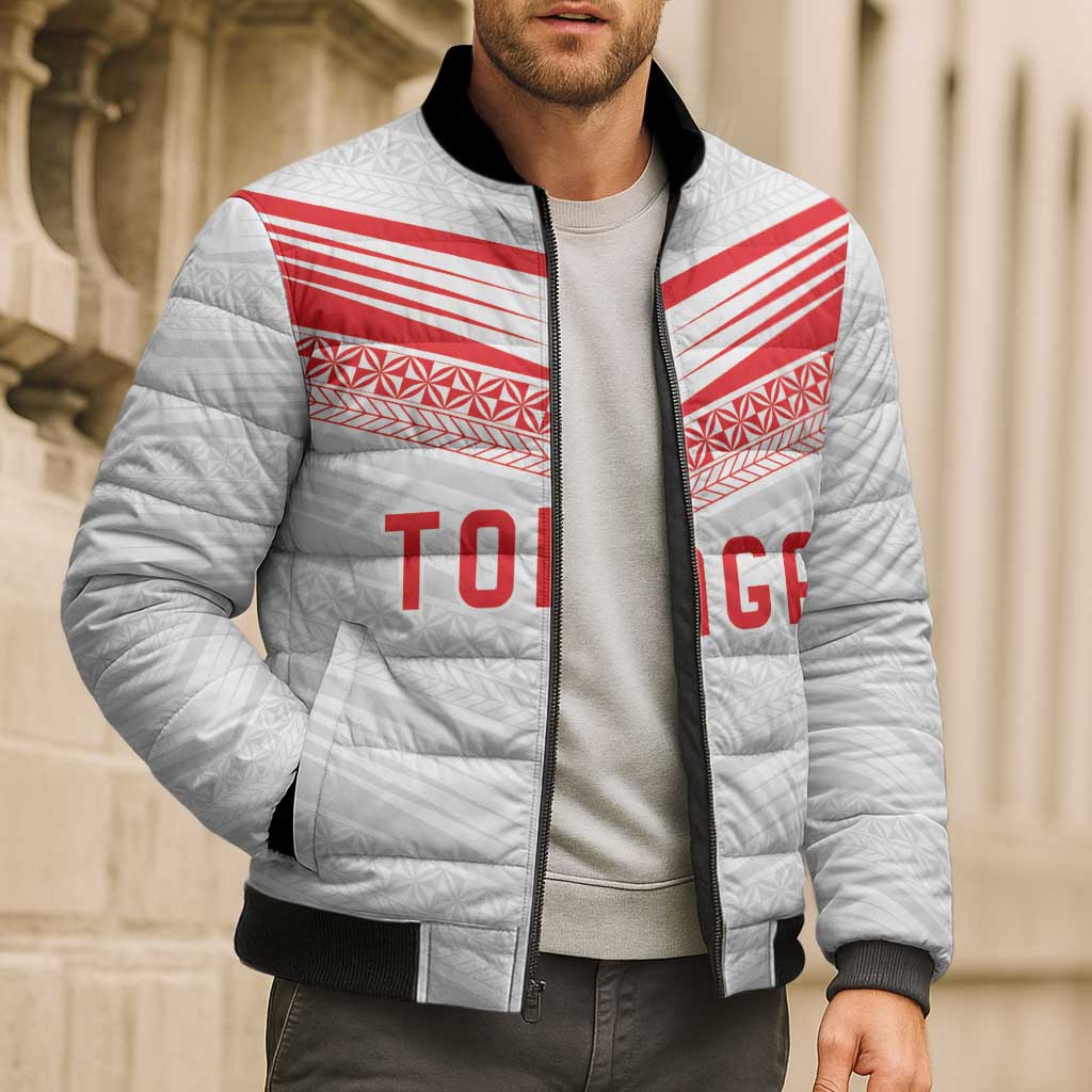 Custom Pacific Rugby Spirit Bomber Puffer Jacket Tonga Ngatu Pride White Edition - Polynesian Pride