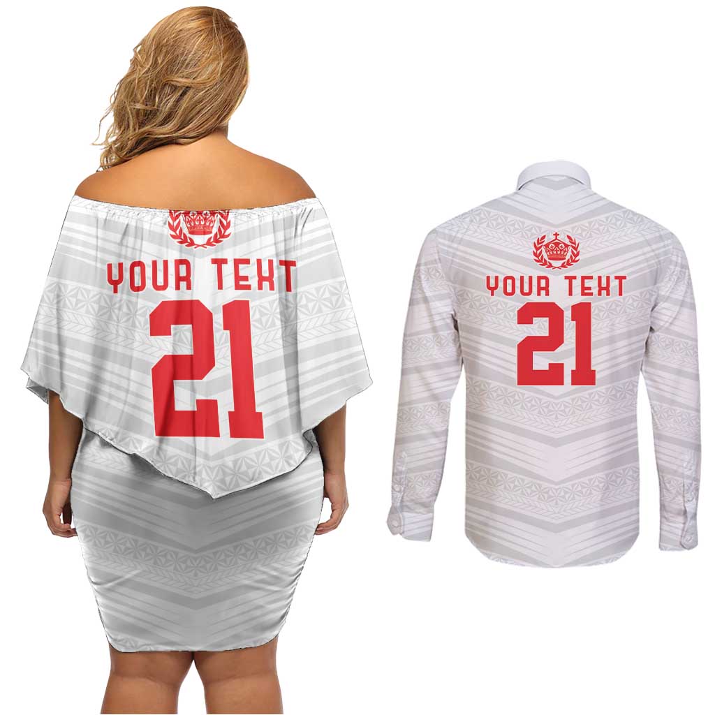 Custom Pacific Rugby Spirit Couples Matching Off Shoulder Short Dress and Long Sleeve Button Shirt Tonga Ngatu Pride White Edition - Polynesian Pride