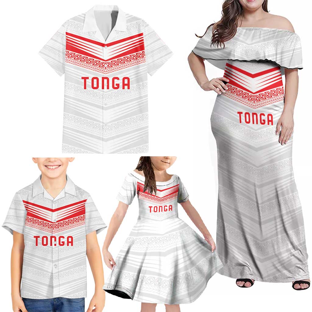 Custom Pacific Rugby Spirit Family Matching Off Shoulder Maxi Dress and Hawaiian Shirt Tonga Ngatu Pride White Edition - Polynesian Pride