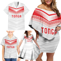 Custom Pacific Rugby Spirit Family Matching Off Shoulder Short Dress and Hawaiian Shirt Tonga Ngatu Pride White Edition - Polynesian Pride