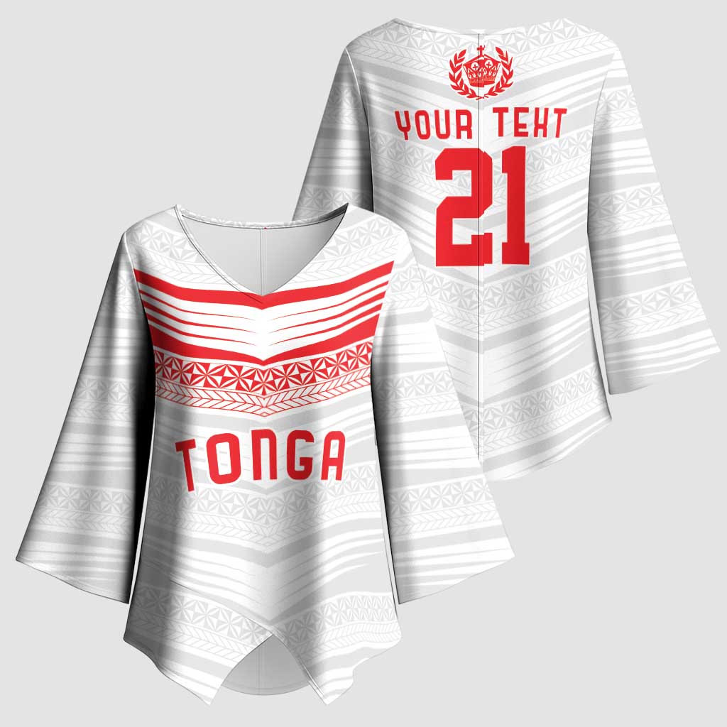 Custom Pacific Rugby Spirit Kimono Sleeve Blouse Tonga Ngatu Pride White Edition - Polynesian Pride