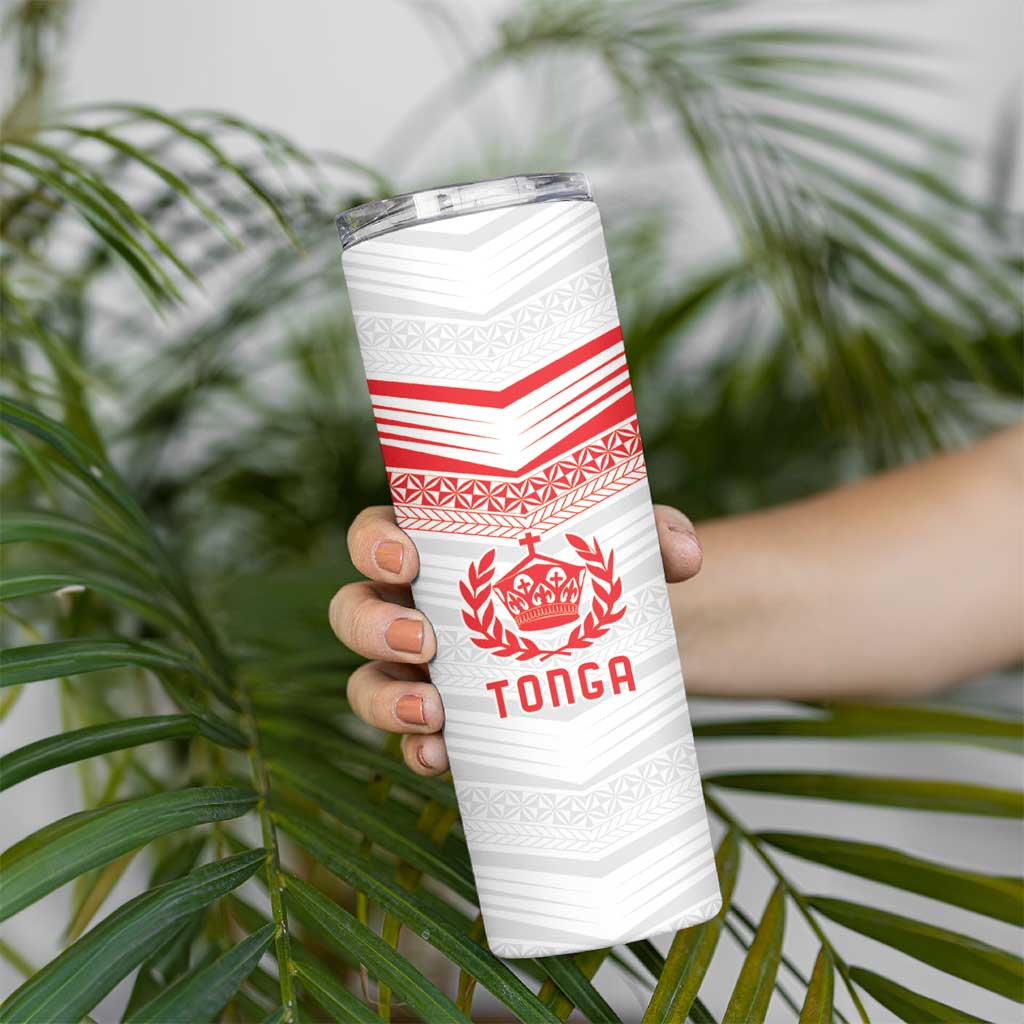 Custom Pacific Rugby Spirit Skinny Tumbler Tonga Ngatu Pride White Edition - Polynesian Pride