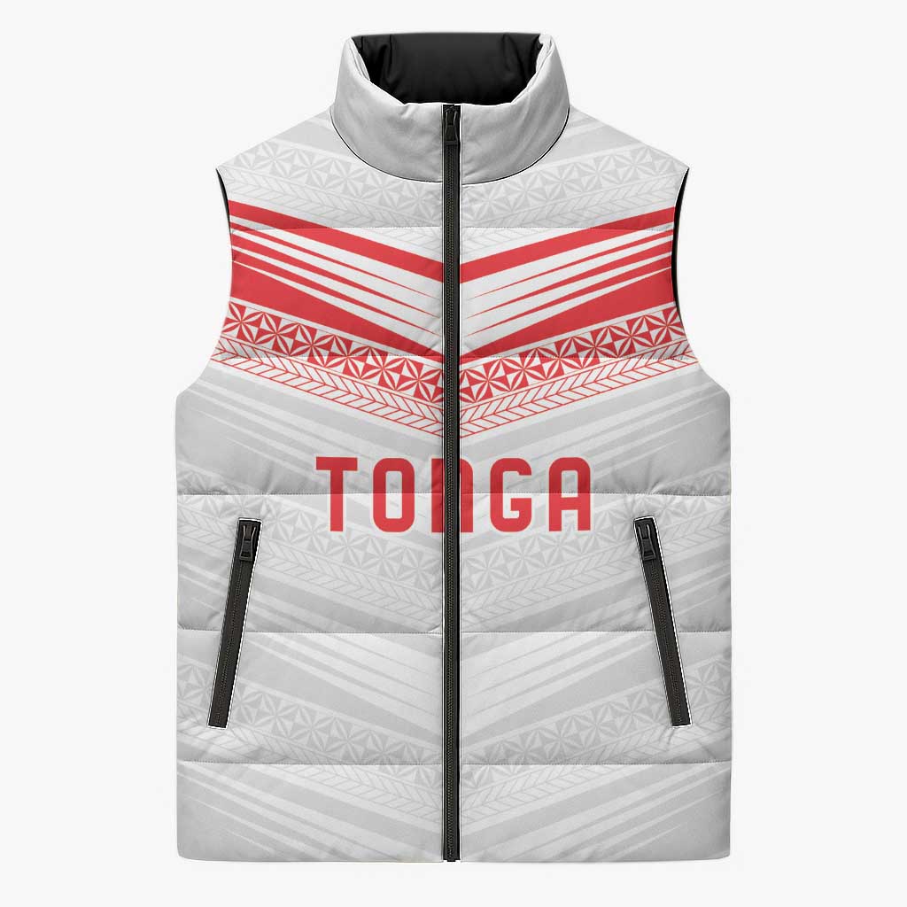 Custom Pacific Rugby Spirit Sleeveless Puffer Jacket Tonga Ngatu Pride White Edition - Polynesian Pride