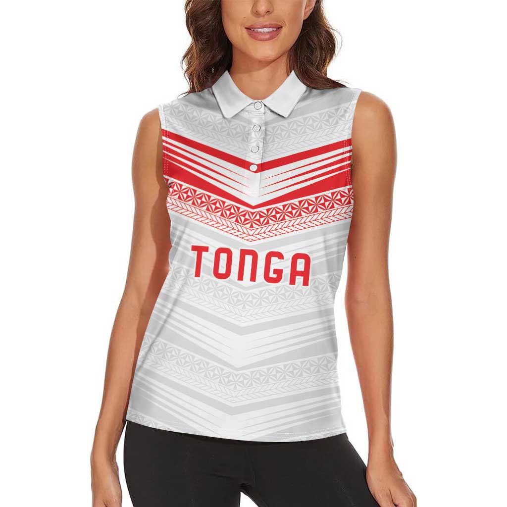 Custom Pacific Rugby Spirit Women Sleeveless Polo Shirt Tonga Ngatu Pride White Edition - Polynesian Pride