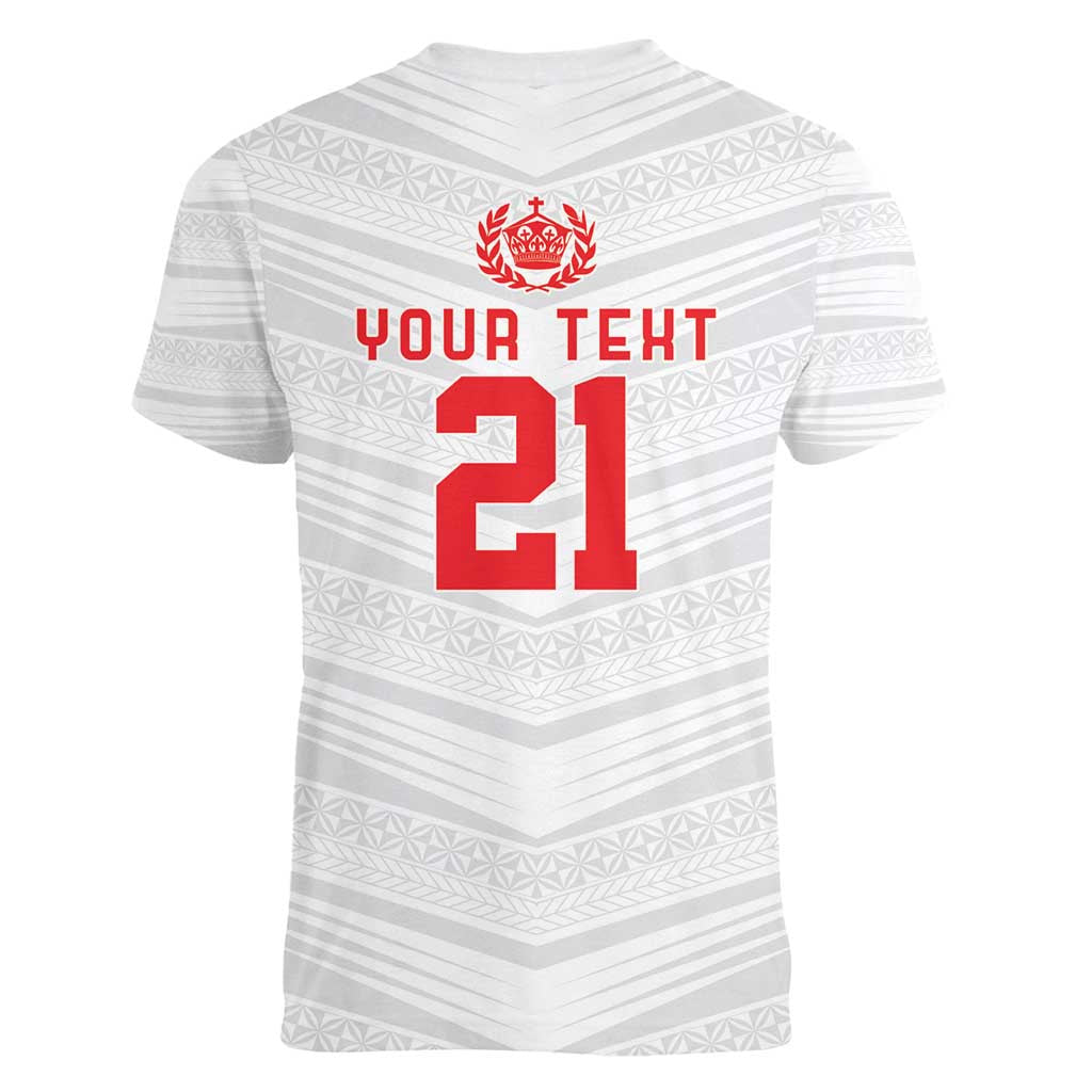 Custom Pacific Rugby Spirit Women V-Neck T-Shirt Tonga Ngatu Pride White Edition - Polynesian Pride