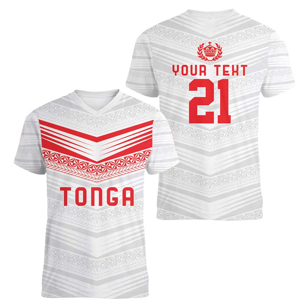 Custom Pacific Rugby Spirit Women V-Neck T-Shirt Tonga Ngatu Pride White Edition - Polynesian Pride