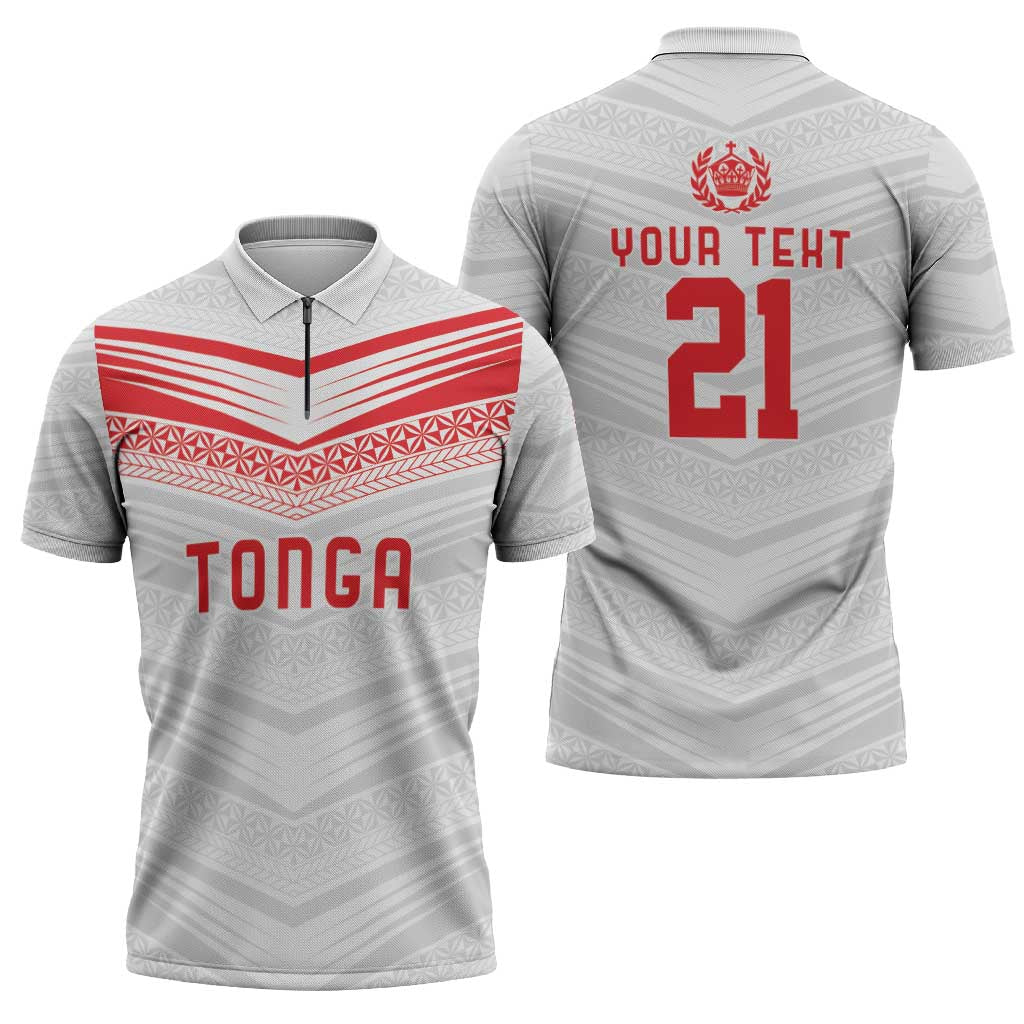 Custom Pacific Rugby Spirit Zipper Polo Shirt Tonga Ngatu Pride White Edition - Polynesian Pride