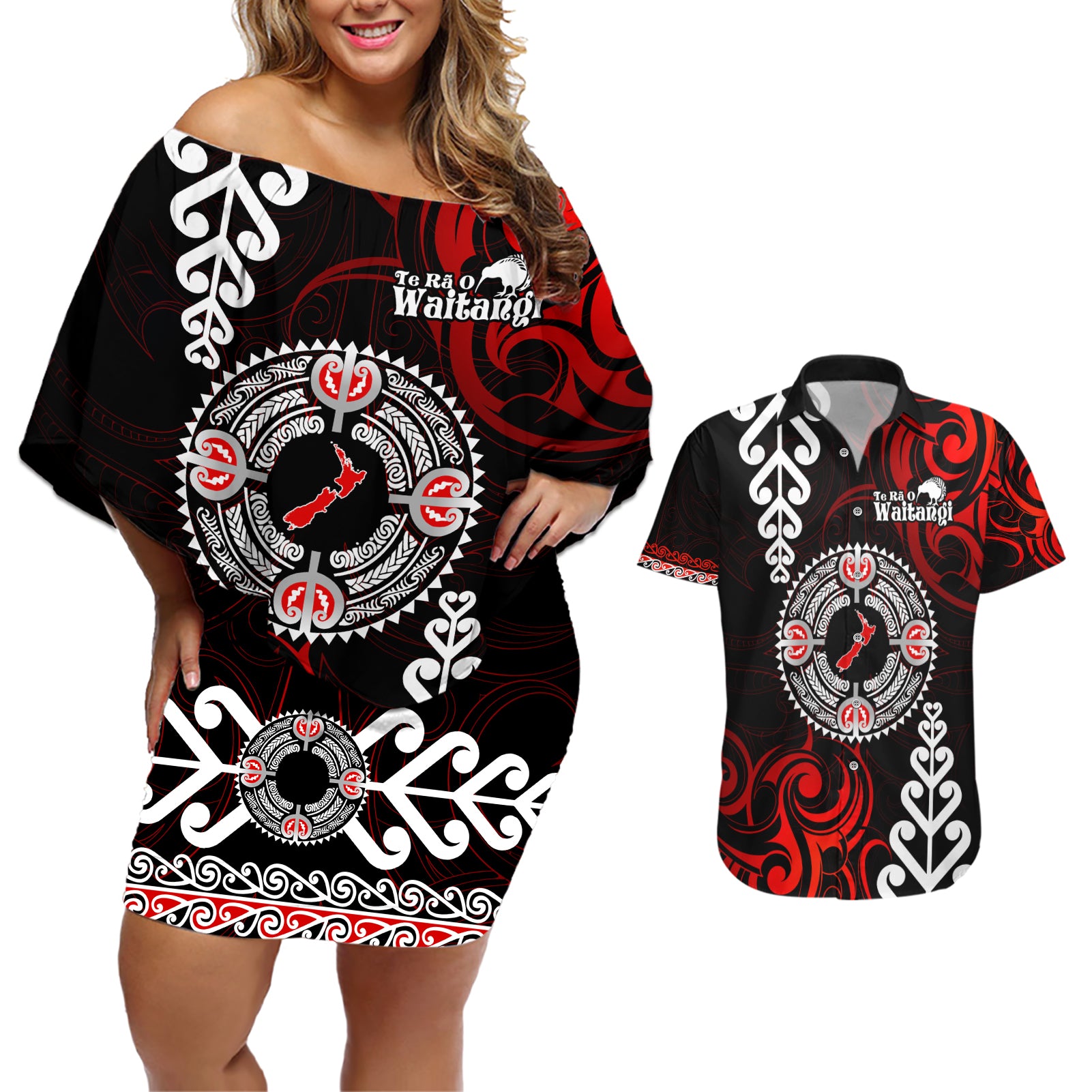 New Zealand Waitangi Day Personalised Couples Matching Off Shoulder Short Dress and Hawaiian Shirt Aotearoa Te Ra O Waitangi With Maori Tattoo LT9 Red - Polynesian Pride